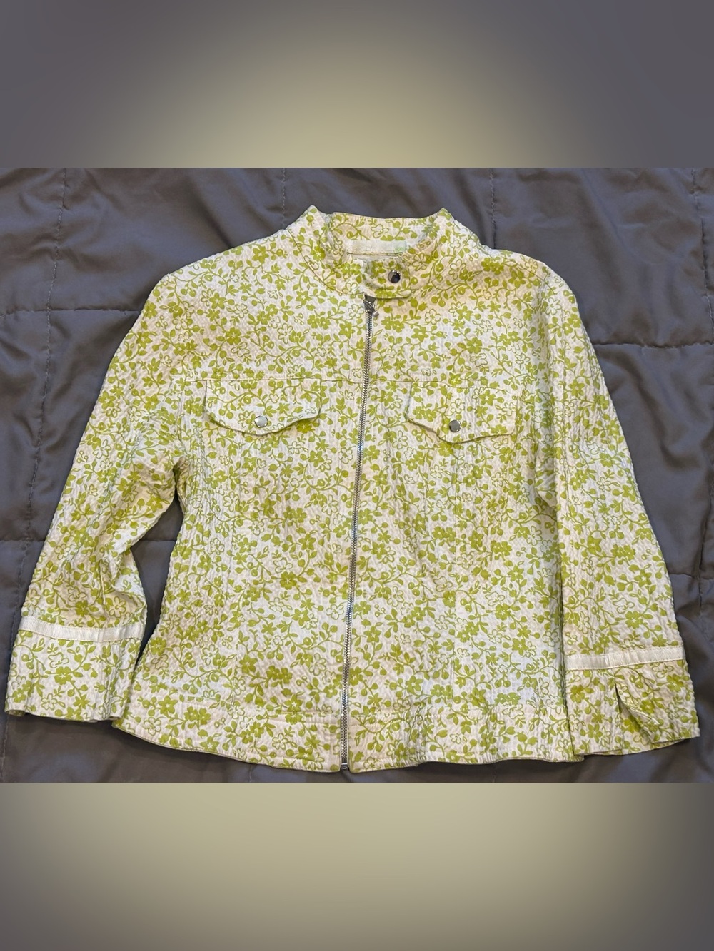 Kes Floral Lightweight Zip-Front Jacket - Green/White Size Small